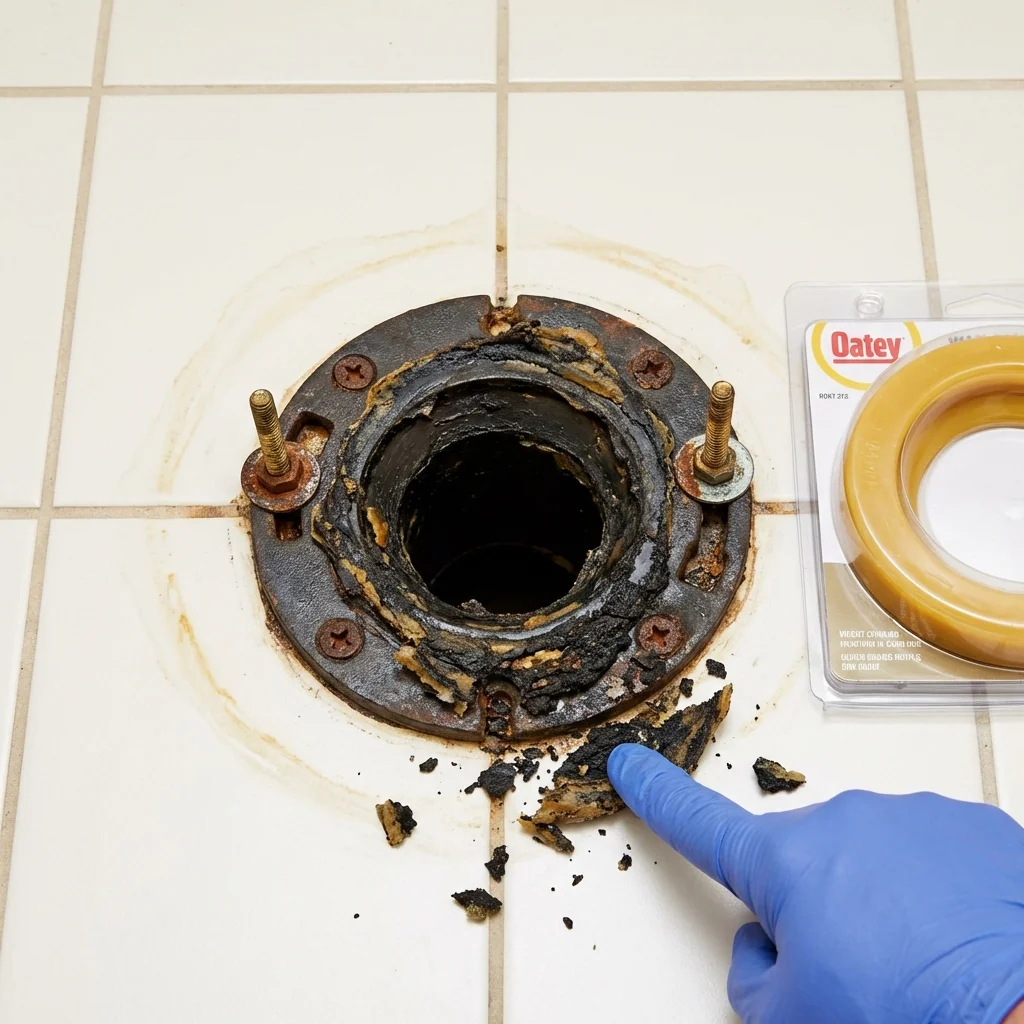 Failed wax ring showing water seepage at the base of a toilet in a Ashland, OR home